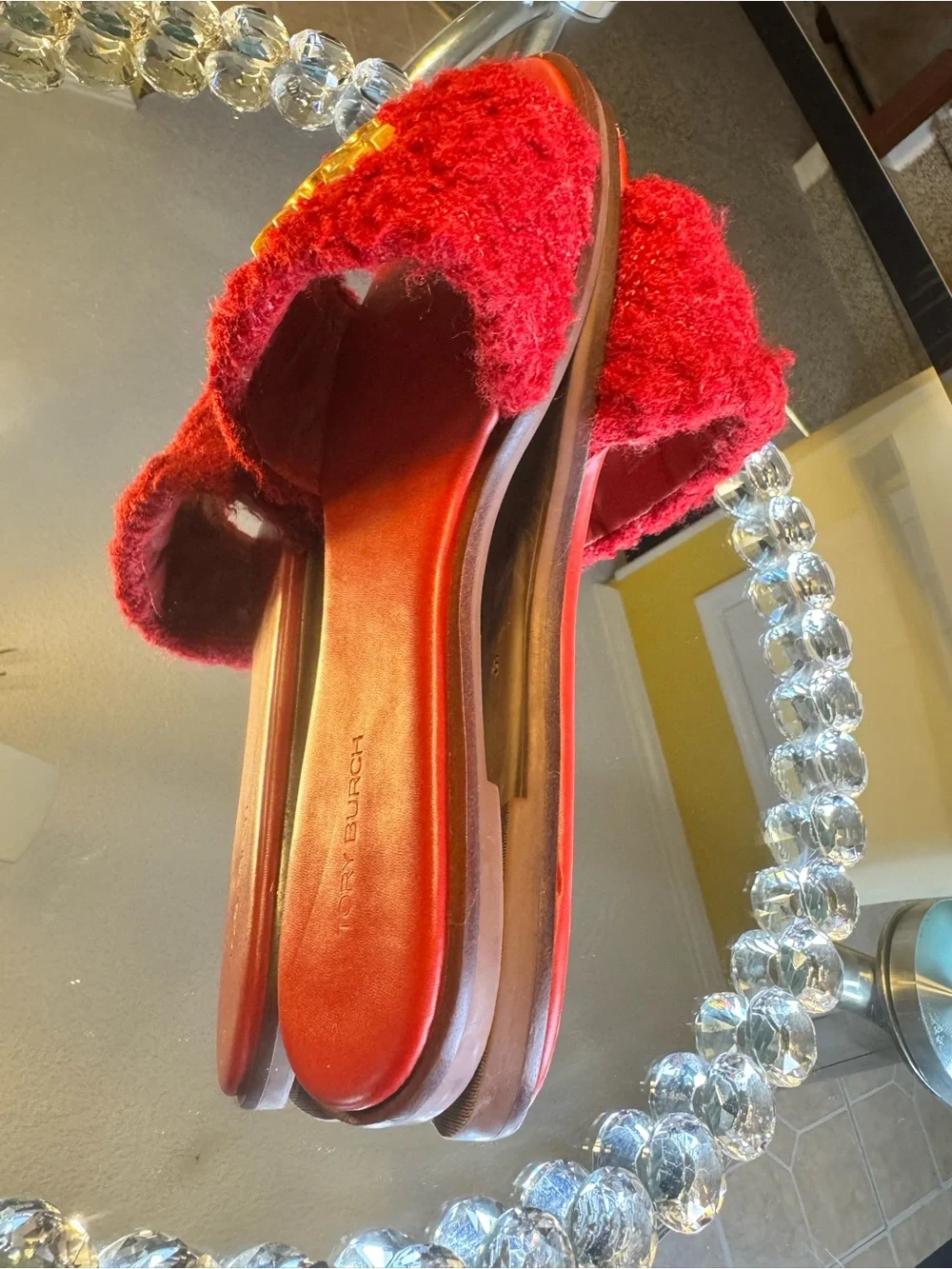 Tory Burch Everly Milos Boucle Slide Sandals In Pomegranate. Size 8